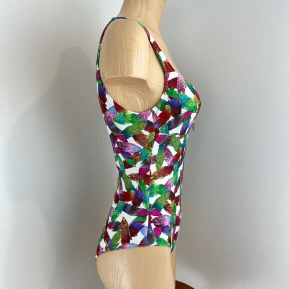 Laura Beach by Janine Robin Women's 6 White Multi Color Feather Print One Piece - Picture 5 of 12